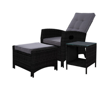VALTINA OUTDOOR RECLINER CHAIR WITH OTTOMAN AND TABLE LOUNGE SET- BLACK