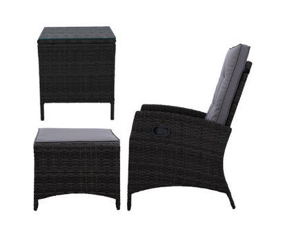 VALTINA OUTDOOR RECLINER CHAIR WITH OTTOMAN AND TABLE LOUNGE SET- BLACK