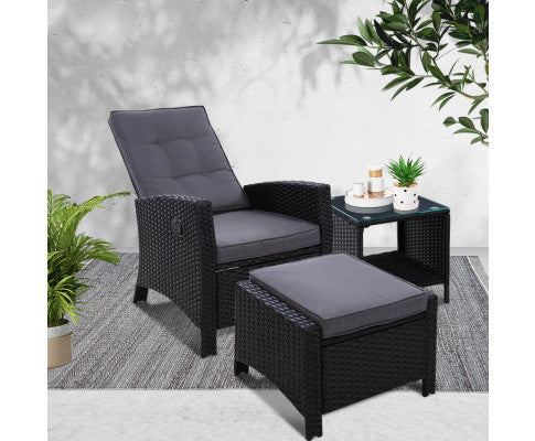 VALTINA OUTDOOR RECLINER CHAIR WITH OTTOMAN AND TABLE LOUNGE SET- BLACK