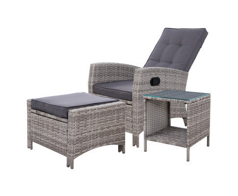 VALTINA OUTDOOR RECLINER CHAIR WITH OTTOMAN AND TABLE LOUNGE SET- GREY