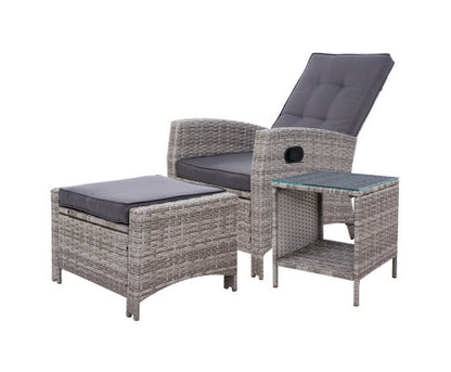 VALTINA OUTDOOR RECLINER CHAIR WITH OTTOMAN AND TABLE LOUNGE SET- GREY