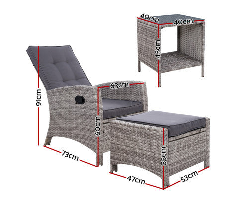 VALTINA OUTDOOR RECLINER CHAIR WITH OTTOMAN AND TABLE LOUNGE SET- GREY