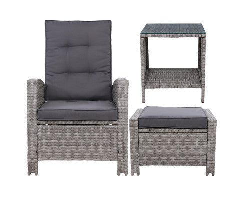 VALTINA OUTDOOR RECLINER CHAIR WITH OTTOMAN AND TABLE LOUNGE SET- GREY
