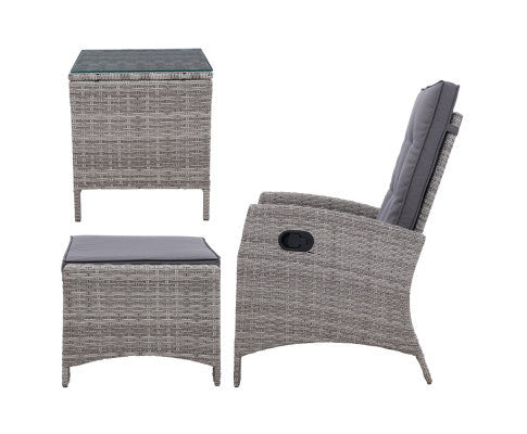 VALTINA OUTDOOR RECLINER CHAIR WITH OTTOMAN AND TABLE LOUNGE SET- GREY