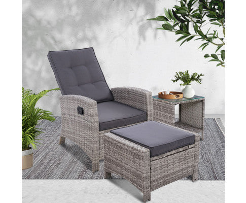 Valtina Outdoor Recliner Chair With Ottoman And Table Lounge Set- Grey