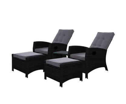 VALTINA OUTDOOR 5 PIECE WICKER RECLINER LOUNG SETTING - BLACK