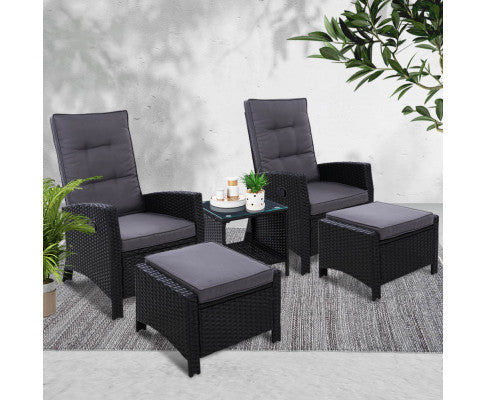 Valtina Outdoor 5 Piece Wicker Recliner Loung Setting - Black