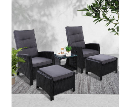 VALTINA OUTDOOR 5 PIECE WICKER RECLINER LOUNG SETTING - BLACK