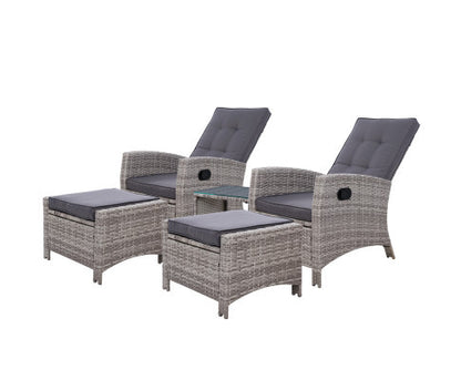 VALTINA OUTDOOR 5 PIECE WICKER RECLINER LOUNG SETTING - GREY