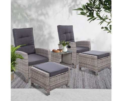 VALTINA OUTDOOR 5 PIECE WICKER RECLINER LOUNG SETTING - GREY