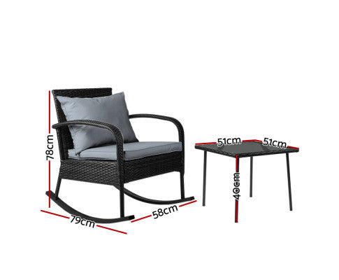 CLARENCE INDOOR/ OUTDOOR 3 PIECE ROCKING SET - BLACK