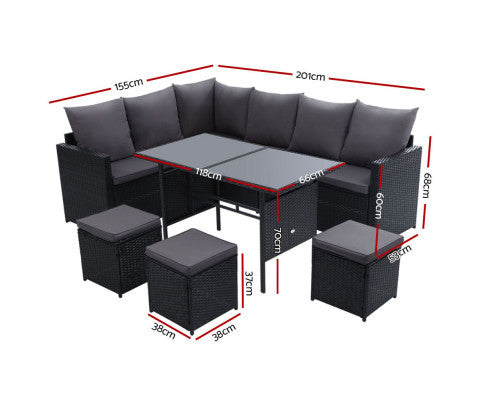 ASTERIN INDOOR/ OUTDOOR  9-SEATER SOFA DINING SETTING - BLACK