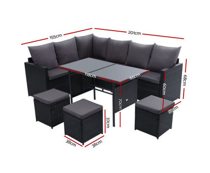 ASTERIN INDOOR/ OUTDOOR  9-SEATER SOFA DINING SETTING - BLACK