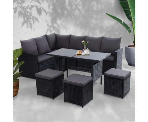 Asterin Indoor/ Outdoor 9-seater Sofa Dining Setting - Black