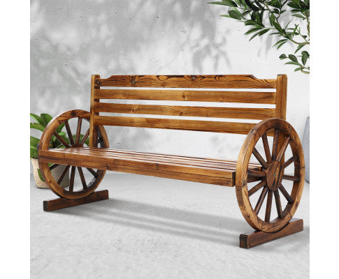 ROSHAN OUTDOOR  WOODEN 3 SEATER WAGON WHEEL BENCH - AS PICTURED