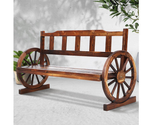 RASHID OUTDOOR  WOODEN 3 SEATER WAGON WHEEL BENCH - AS PICTURED