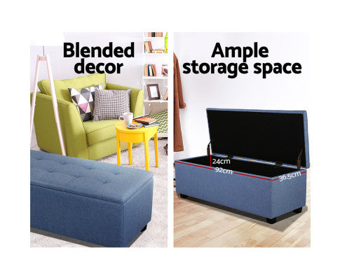 PREMIUM UPHOLSTERED FABRIC STORAGE OTTOMAN - 370(H) X 970(W) - BLUE
