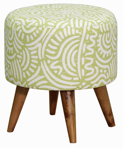 RAILEY ROUND OTTOMAN - COTTON BLEND FABRIC/SOLID TIMBER -  430(H) X 400(W) - BLUE, GREEN, RED AND ORANGE