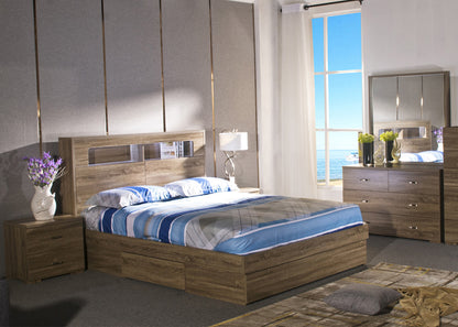 DALLAS DOUBLE OR QUEEN 5 PIECE (DRESSER) STORAGE FRONT GAS LIFT OR SIDE DRAWERS BED - GREY OAK