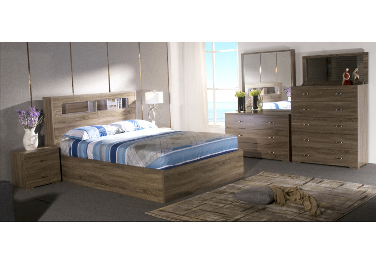 DALLAS DOUBLE OR QUEEN 6 PIECE (THE LOT) STORAGE FRONT GAS LIFT OR SIDE DRAWERS BED - GREY OAK