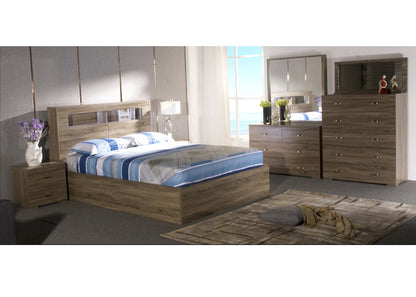 DALLAS KING 5 PIECE (DRESSER) STORAGE FRONT GAS LIFT OR SIDE DRAWERS BED - GREY OAK