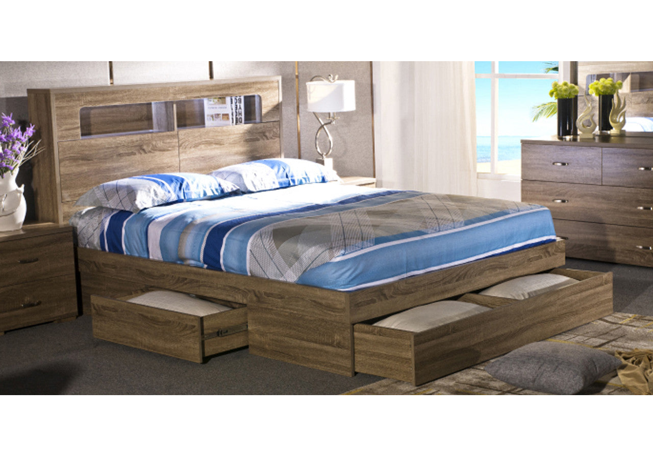 DALLAS KING 4 PIECE (TALLBOY) STORAGE FRONT GAS LIFT OR SIDE DRAWERS BED - GREY OAK
