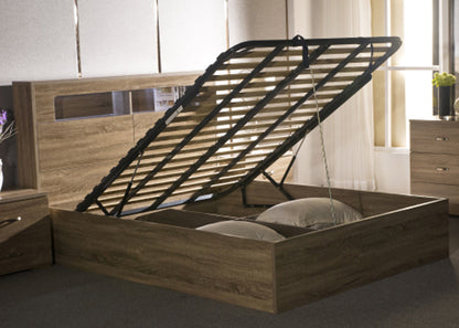 DALLAS DOUBLE OR QUEEN 5 PIECE (DRESSER) STORAGE FRONT GAS LIFT OR SIDE DRAWERS BED - GREY OAK