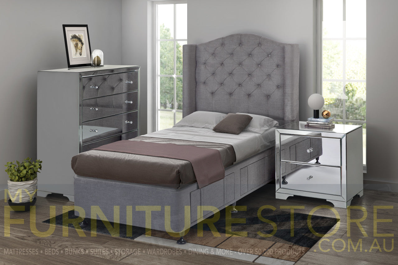 KING SINGLE WANDA LINEN FABRIC UPHOLSTERED BED WITH 2 DRAWERS - ASSORTED COLOUR