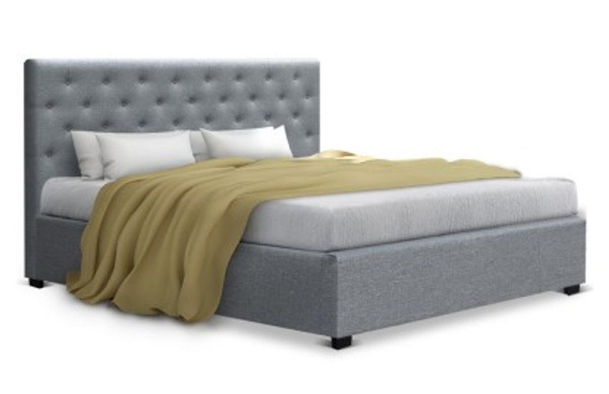 KING PREMIUM  FABRIC GAS-LIFT BED FRAME WITH TUFTED HEADBOARD - GREY