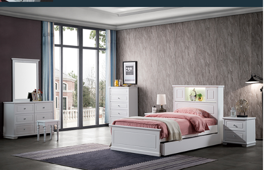 KING INNOVATION GAS LIFT BED WITH BEDHEAD STORAGE 4 PIECE (TALLBOY) BEDROOM SUITE- IVORY WHITE