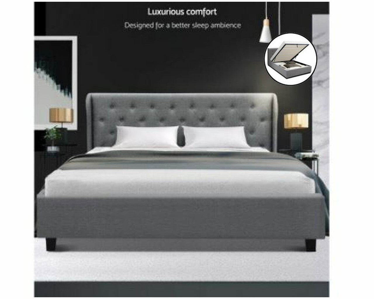 Queen Vinci Winged Linen Fabric Gas Lift Storage Bed With Tufted Headboard - Grey