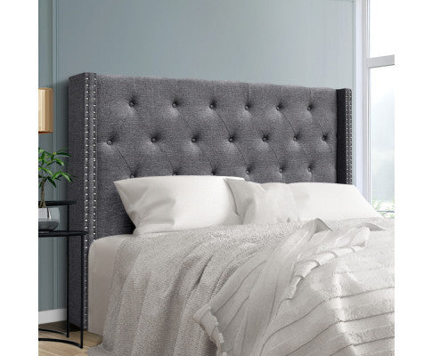 Queen Aurel Winged Linen Fabric Headboard Bedhead - Grey