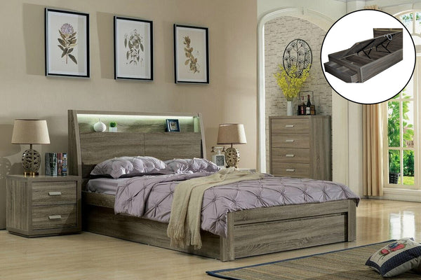 QUEEN CHICAGO BED WITH FRONT OR SIDE (REVERSIBLE) GAS LIFT OR 3 DRAWER STORAGE (SIDE / SIDE / FRONT & LED LIGHT - (2-15-19-20-15-14) - MOCHA OAK