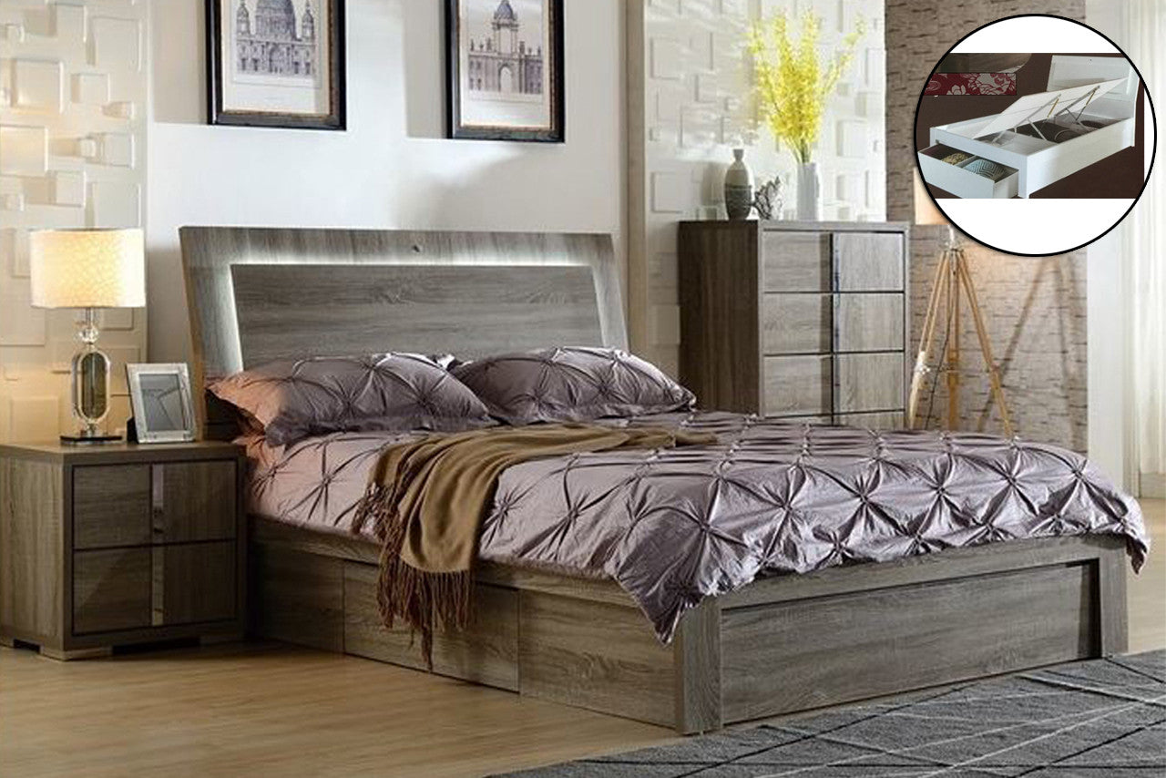 Queen Hanson Storage Bed (SIDE GAS LIFT OR 3 DRAWER SIDE DRAWER STORAGE) - (MODEL-LS 111) - Mocha Oak