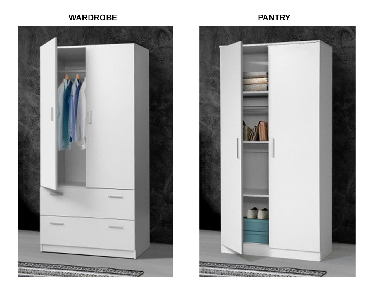 RAELIAN 2 DOOR PANTRY OR WARDROBE - WHITE - STARTING FROM $449
