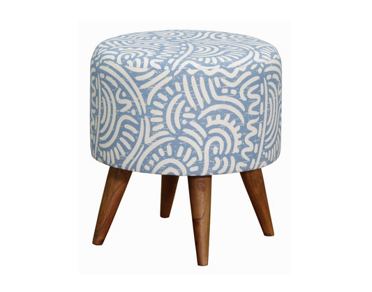 RAILEY ROUND OTTOMAN - COTTON BLEND FABRIC/SOLID TIMBER -  430(H) X 400(W) - BLUE, GREEN, RED AND ORANGE