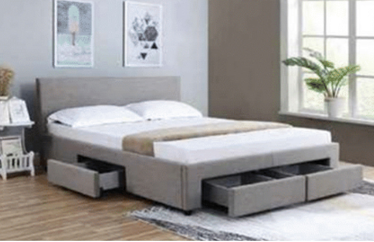 QUEEN RANNY FABRIC BED WITH DRAWERS - GREY