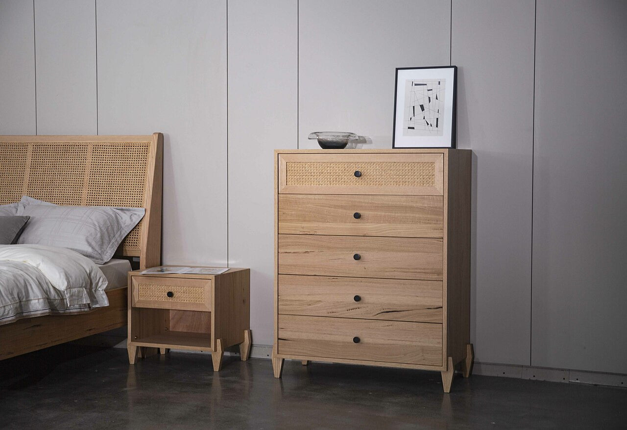 BRAUN RATTAN (AUSSIE MADE) 5 DRAWER TALLBOY - MESSMATE
