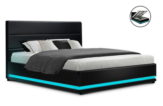 QUEEN RHEMALYN LEATHERETTE GAS LIFT BED - BLACK