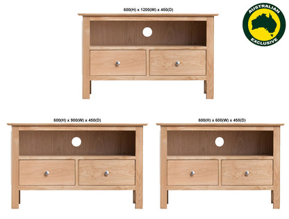 ROBINHOOD (AUSSIE MADE) STANDARD WITH 2 DRAWERS TV UNIT COLLECTION - TASSIE OAK COMBINATION - ASSORTED STAINED COLOURS - STARTING FROM $599