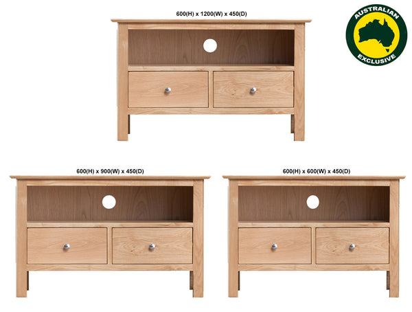 ROBINHOOD (AUSSIE MADE) STANDARD WITH 2 DRAWERS TV UNIT COLLECTION - TASSIE OAK COMBINATION - ASSORTED STAINED COLOURS - STARTING FROM $599