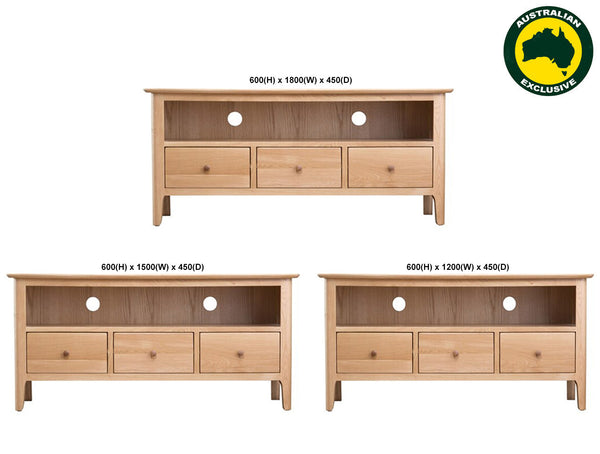 ROBINHOOD (AUSSIE MADE) TV UNIT WITH 3 DRAWERS COLLECTION - TASSIE OAK COMBINATION - ASSORTED STAINED COLOURS - STARTING FROM $1199