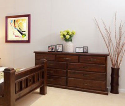 YORK / RUSTIC (AUSSIE MADE) LONGBOY / LOWBOY WITH 9 DRAWERS (ROUND TIMBER KNOBS OR ROUND BLACK METAL RING HANDLES) - 940(H) X 1800(W) - ASSORTED COLOURS