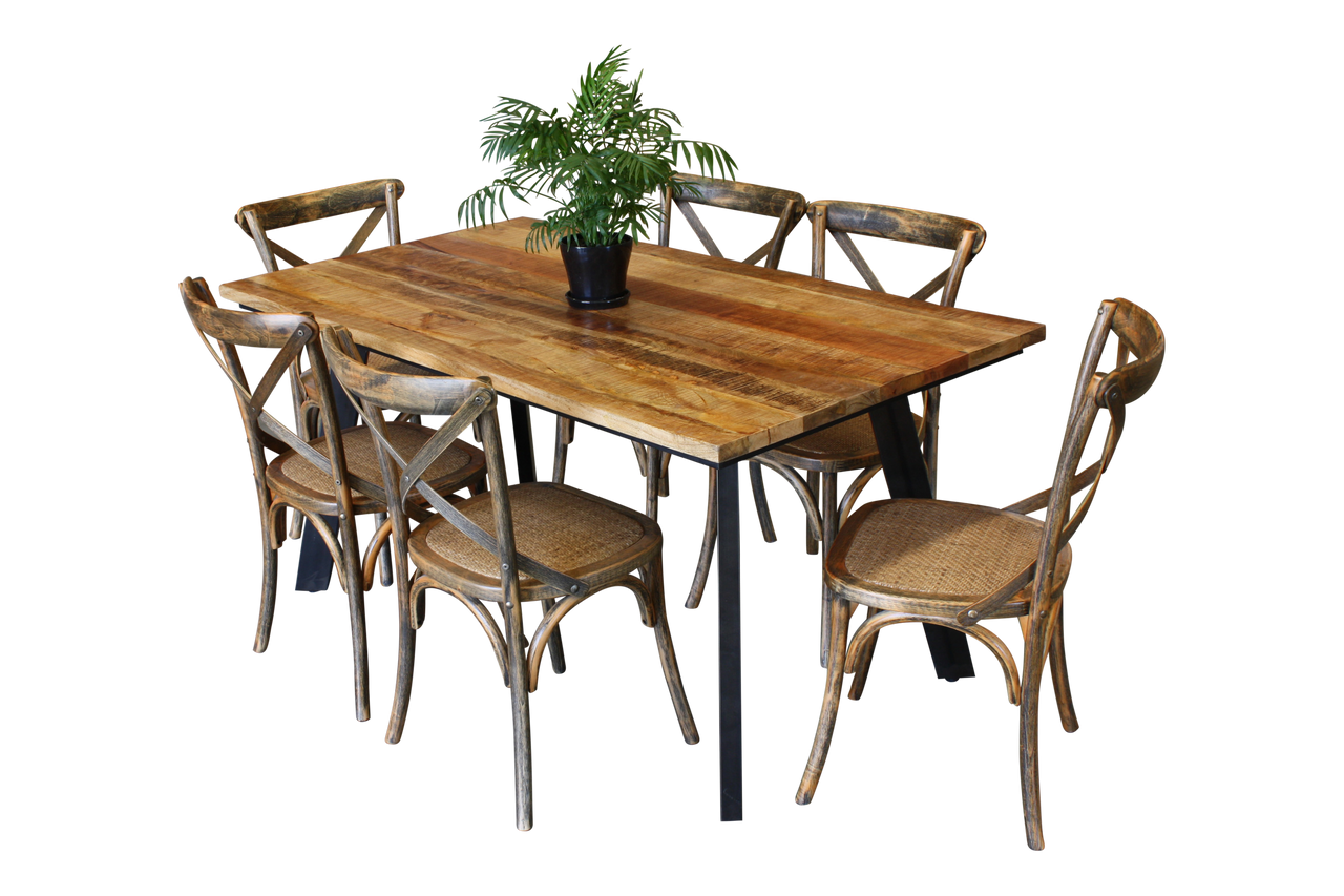 RETRO 7 PIECE DINING SETTING WITH CROSSBACK CHAIRS - RUSTIC MANGO