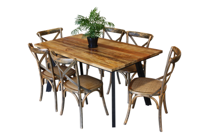RETRO 7 PIECE DINING SETTING WITH CROSSBACK CHAIRS - RUSTIC MANGO