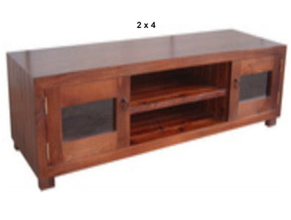 RETRO (AUSSIE MADE) TIMBER LOWLINE TV UNIT WITH 2 GLASS DOORS & 2 SHELVES COLLECTION - ASSORTED STAINED COLOURS - STARTING FROM $599