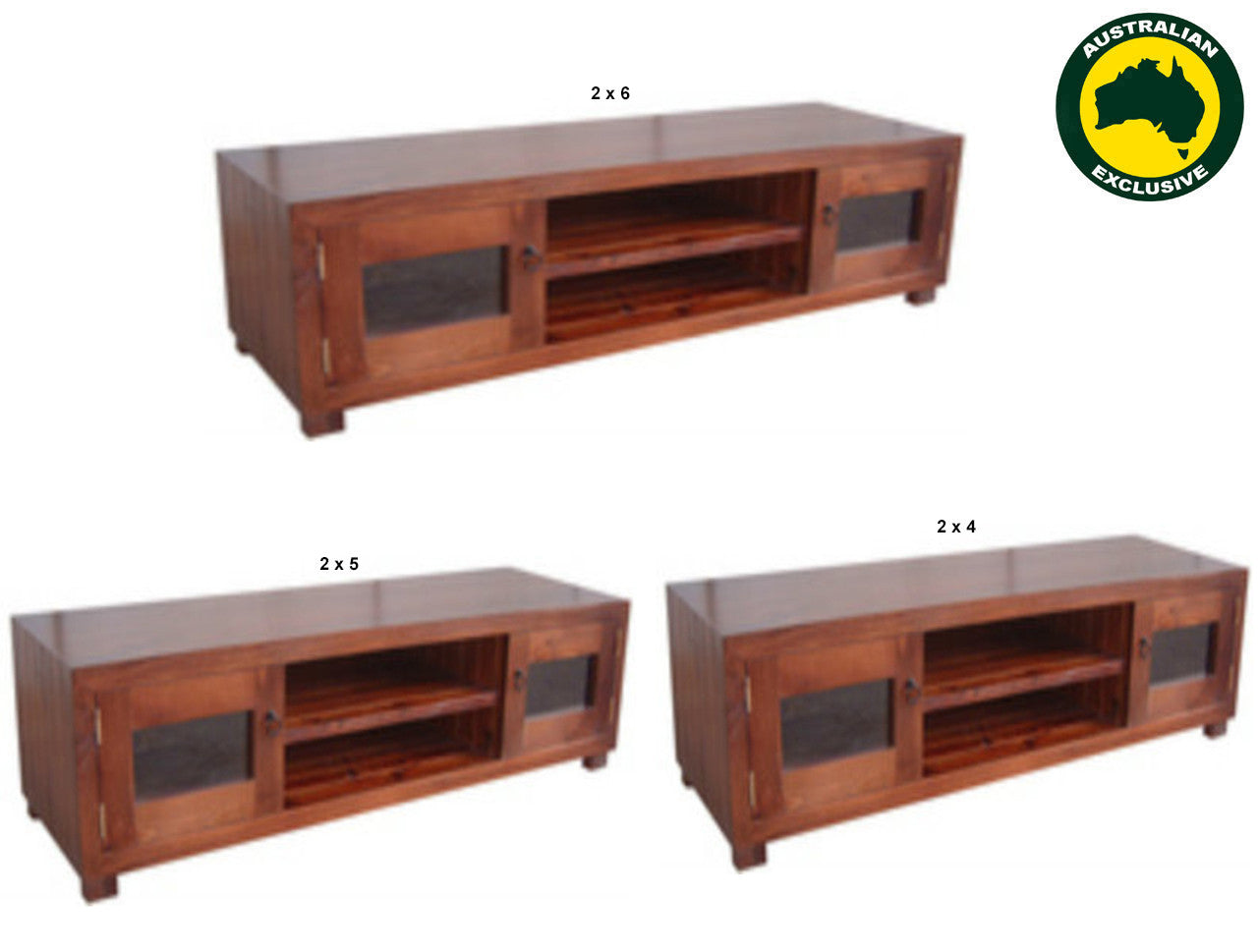 Retro (AUSSIE MADE) Timber Lowline TV Unit With 2 Glass Doors & 2 Shelves Collection - Assorted Stained Colours