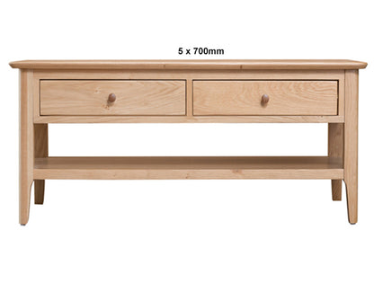 ROBINHOOD (AUSSIE MADE) COFFEE TABLE WITH 2 DRAWERS & MAGAZINE RACK COLLECTION - ASSORTED STAINED COLOURS - TASSIE OAK COMBINATION - STARTING FROM $799