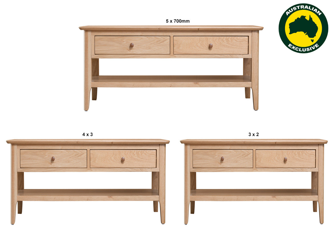 Robinhood (AUSSIE MADE) Coffee Table With 2 Drawers & Magazine Rack Collection - Assorted Stained Colours - Tassie Oak Combination