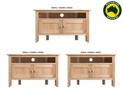ROBINHOOD (AUSSIE MADE) 2 DOOR CORNER TV UNIT COLLECTION - TASSIE OAK COMBINATION - ASSORTED STAINED COLOURS - STARTING FROM $849